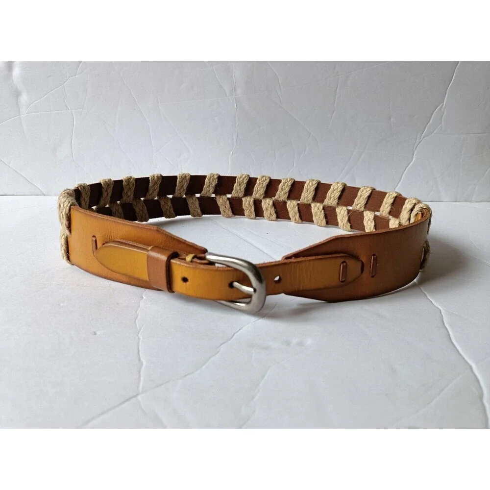 Linea Pelle Large Tan Leather Belt Silver Bohemian Eclectic Contemporary